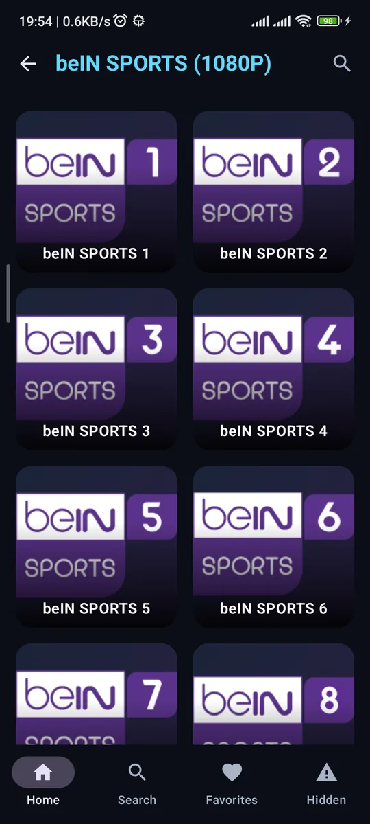 The beIN SPORTS channel list inside the app: beIN SPORTS 1 through 8 with their logos
